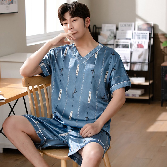 Bộ Đồ Ngủ Tay Ngắn Chất Lụa Satin Dáng Rộng Thời Trang Hàn Quốc Cho Nam Size L-7XL luyoo28