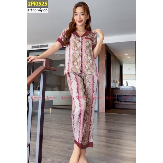 Bộ nữ pijama lụa Satin  Cardina áo ngắn tay quần dài cao cấp, hoạ tiết