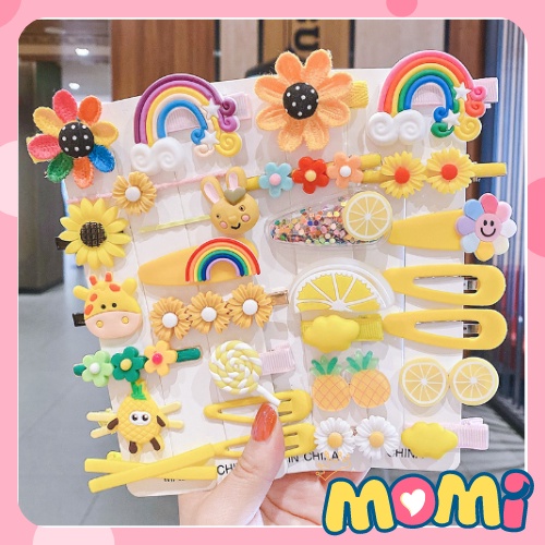 Set 14 kẹp tóc mái hàn quốc đẹp cho bé, cặp tóc nơ cute hình hoa, trái cây, công chúa Momibaby