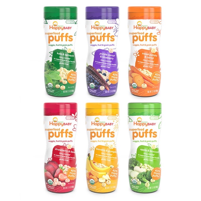 Bánh Ăn Dặm Hữu Cơ Happy Baby Pufs Cho Bé 8+ Lọ 60G Usa