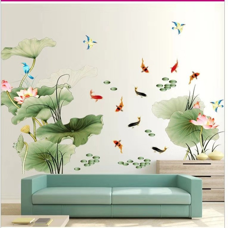 [ Best seller] Decal dán tường Đầm sen và cá chép Amy - Decal cao cấp Free ship 50k