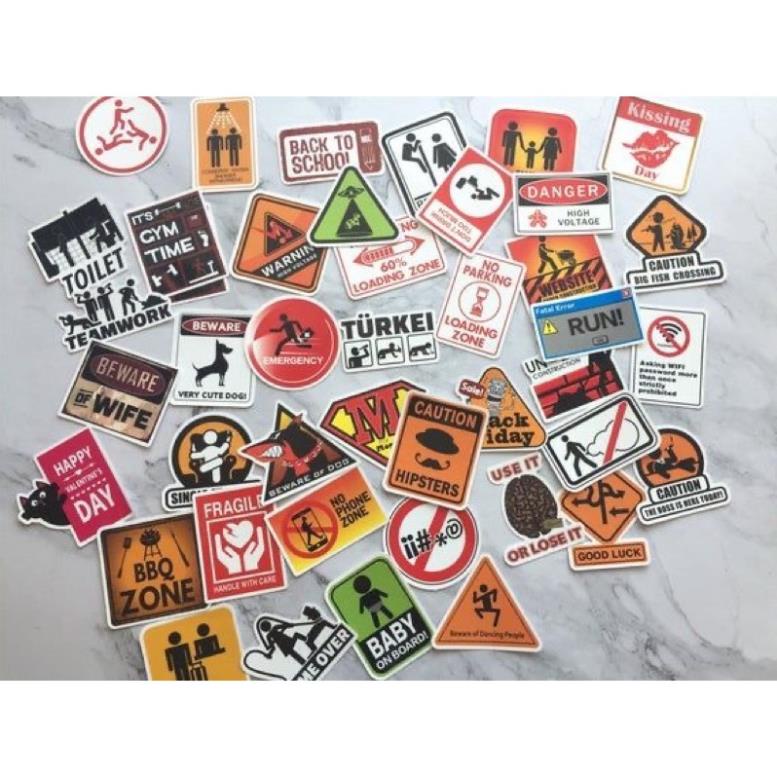 (Sticker 1K) Set 100 sticker Warning cá tính dán trang trí chống thấm nước