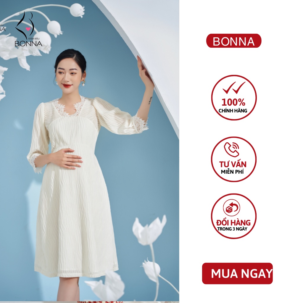 Đầm bầu công sở BONNA dáng suông thanh lịch, chất sợi tự nhiên vân nổi cao cấp, phối tay lửng trẻ trung VS186