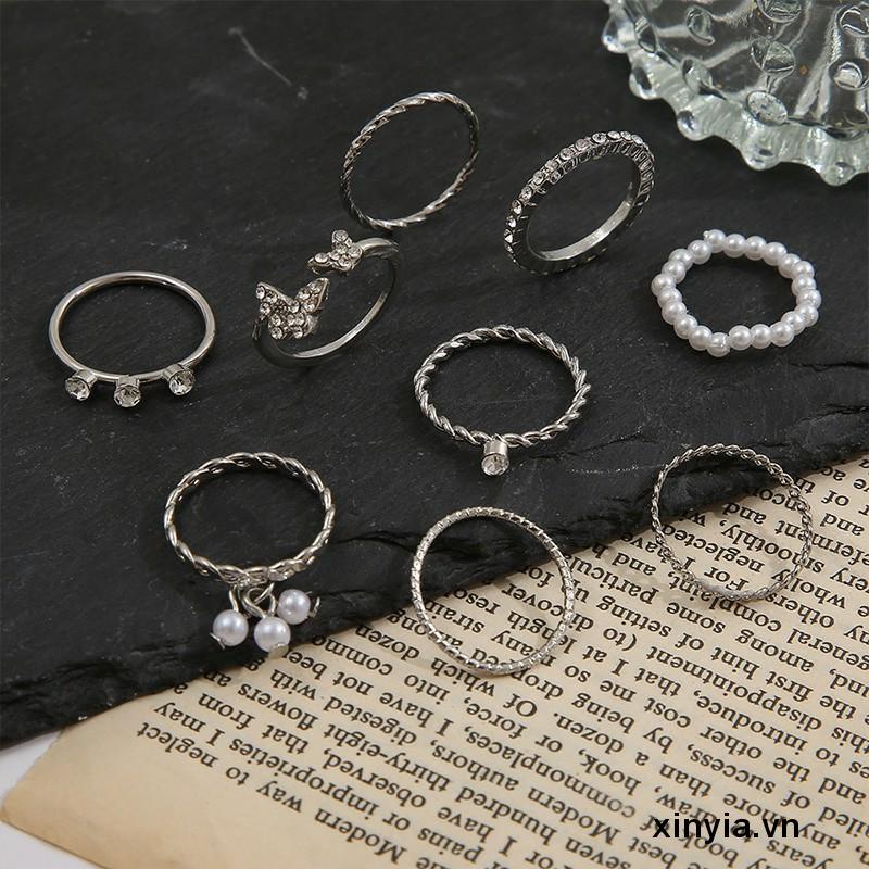 Set 9 Nhẫn Đeo Khớp Ngón Tay Đính Đá Pha Lê / Ngọc Trai / Kim Cương Hình Bướm Cho Nữ