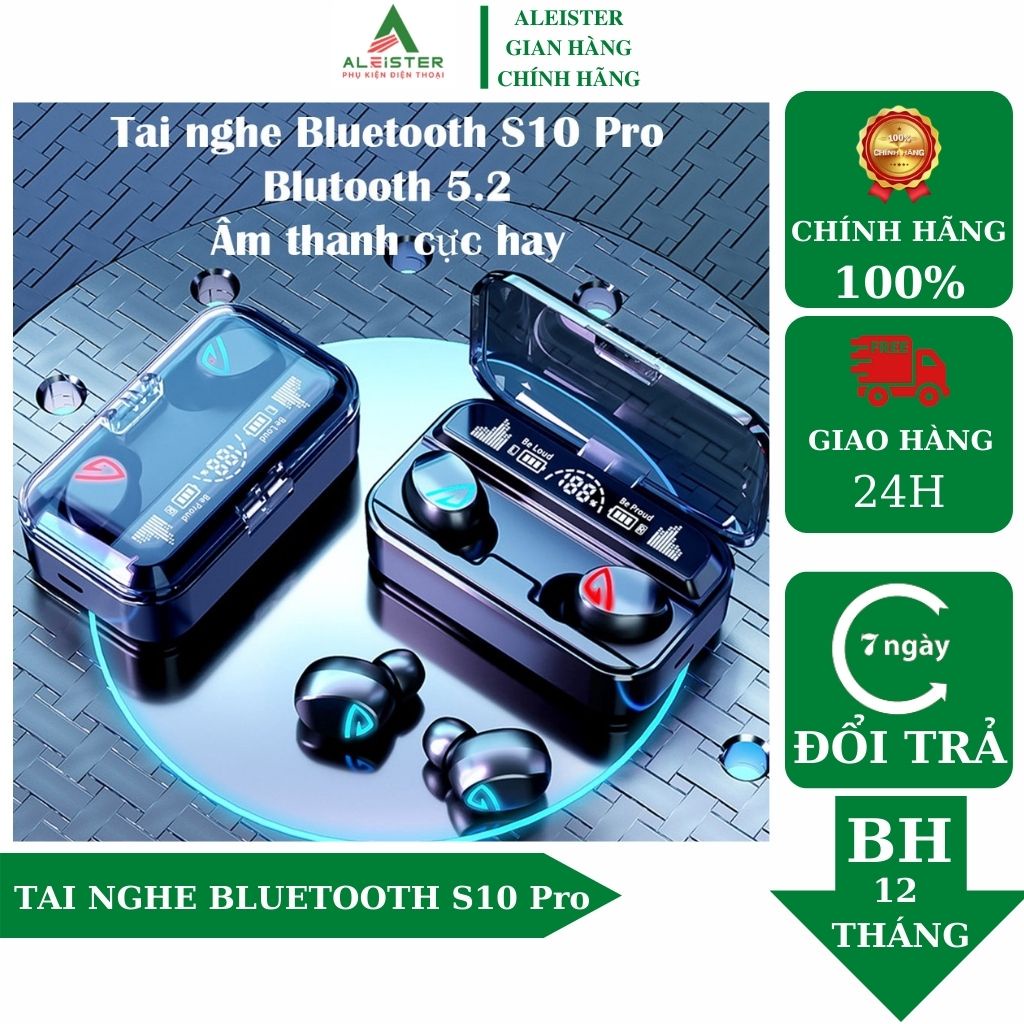 Tai nghe bluetooth  AleisterV5.2 S10 Pro cao cấp, cảm ứng vân tay, hỗ trợ đàm thoại, nghe nhạc 10h, sạc dự phòng 2200mAh