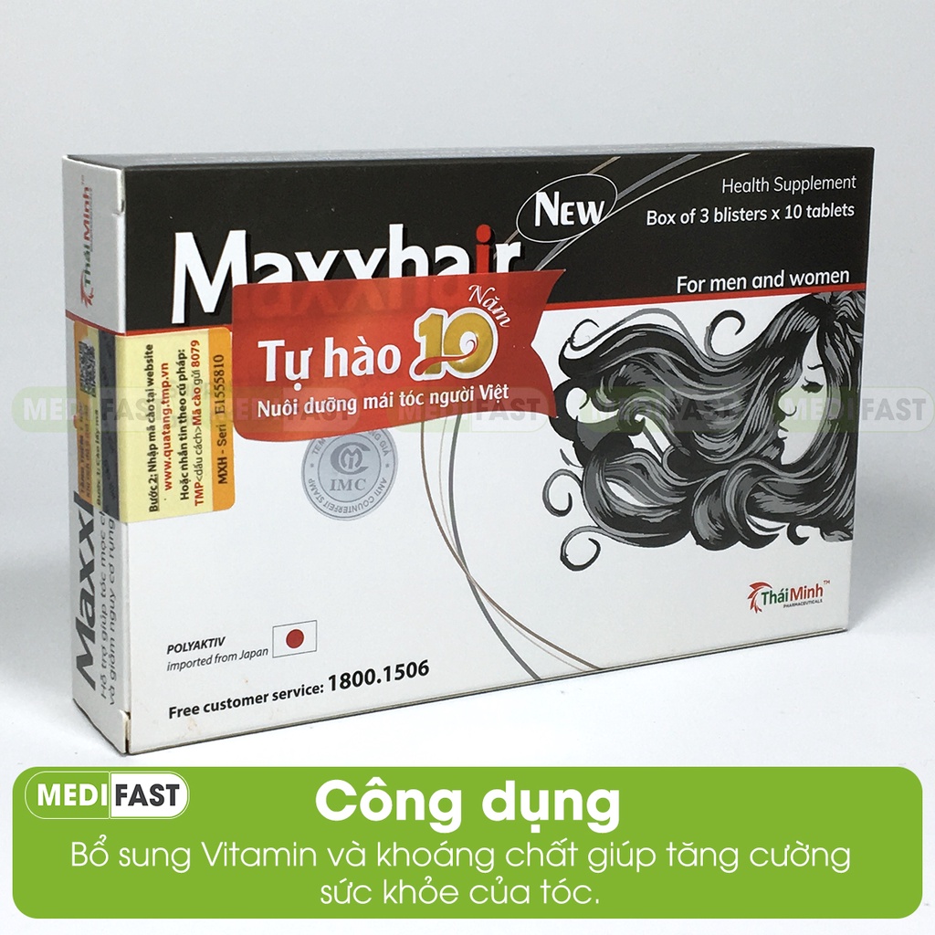 Kích thích mọc tóc Maxxhair Hộp 30 viên hỗ trợ giảm rụng tóc - Mua 6 tặng 1 bằng tem tích điểm - Maxhair từ thảo dược