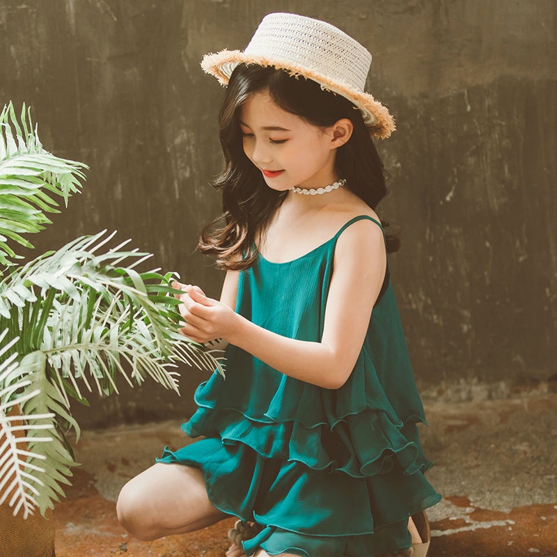 Bộ Đầm Hai Mảnh Hai Dây Công Chúa Vải Voan Dành Cho Bé Gái Từ 3-13 Tuổi