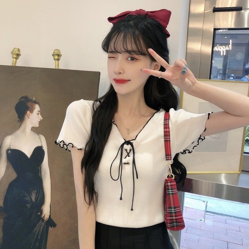 Áo Thun Dệt Kim Tay Ngắn Cổ Chữ V Cột Dây Thời Trang Mùa Hè 2022 Cho Nữ