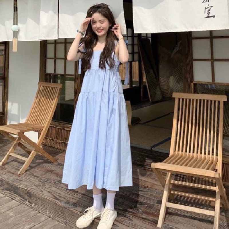 Đầm Nữ 2 Dây Bản To Buộc Nơ 3 Tầng 🦋 Váy Nữ Babydoll Trơn Dáng Dài 2 Màu 🦋