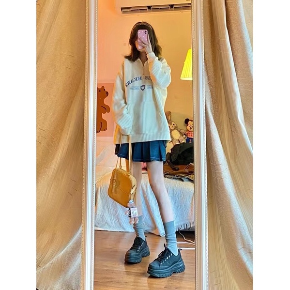 Áo Sweater Tay Dài Form Rộng Chất Nỉ Cổ Polo | BigBuy360 - bigbuy360.vn