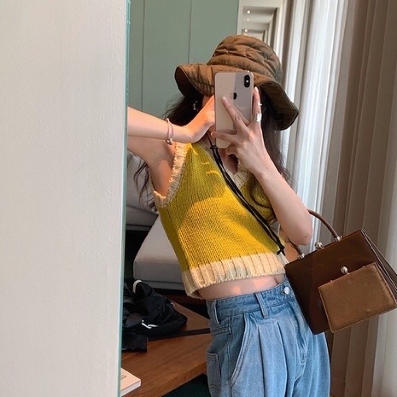 Áo Gile Len Kẻ Caro Phối Viền Hàn Quốc Cộc Tay Dáng Croptop
