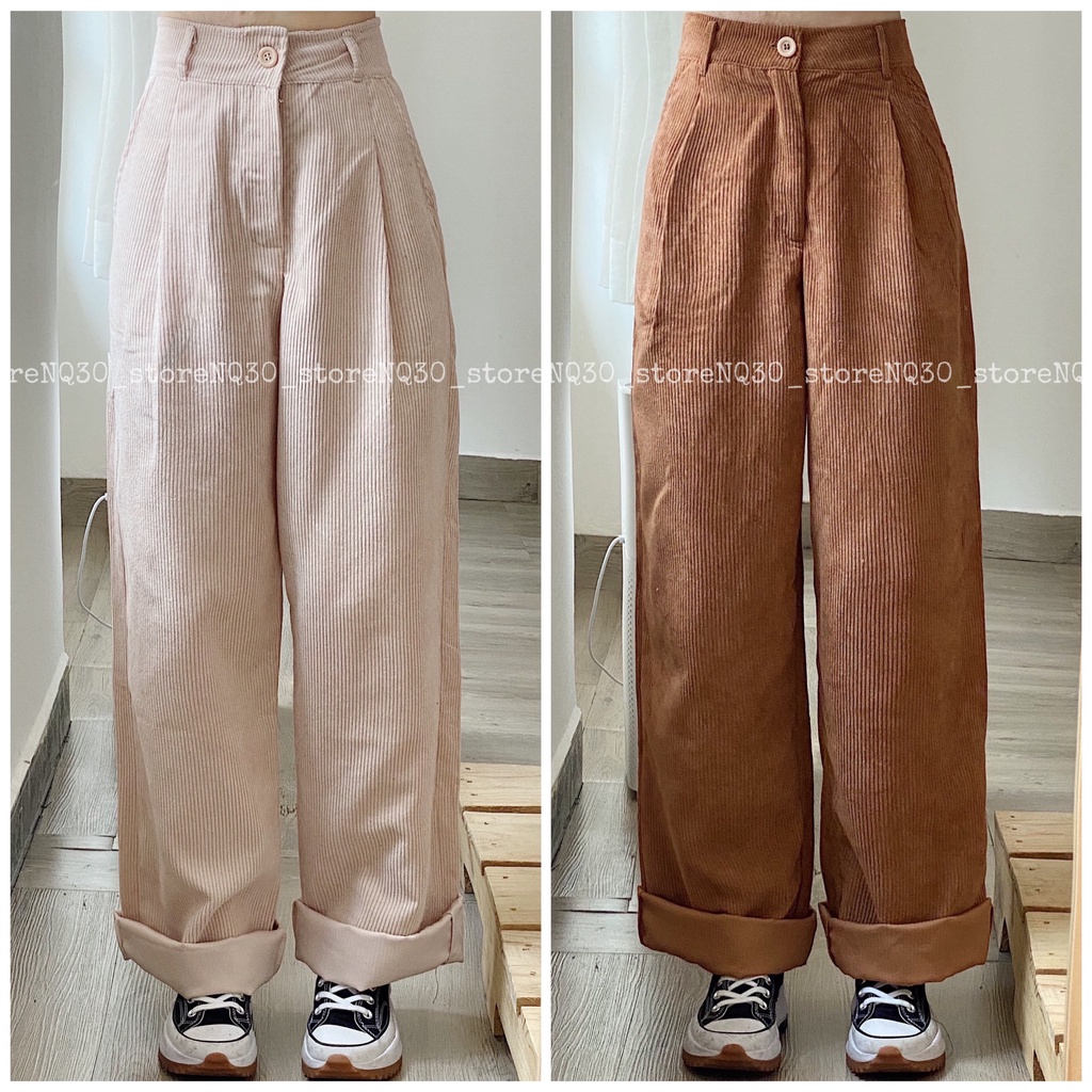 Quần Ống Rộng Nữ Chất Nhung Tăm Cạp Cao Lưng Tây Nữ Ullzang, Quần Ống Rộng Dài Có Khuy Cạp Cao Hàn Quốc
