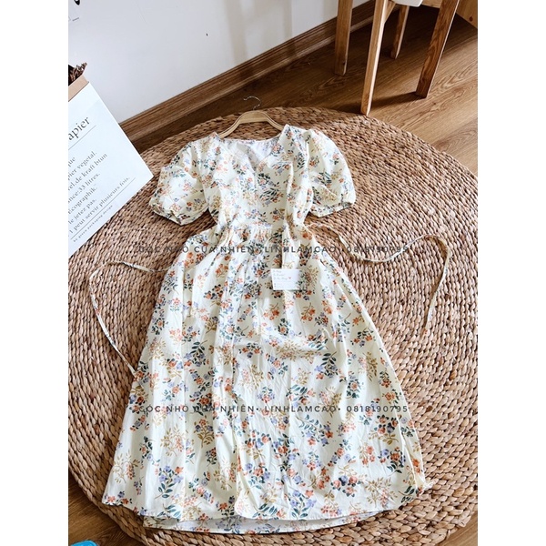 Váy Đầm Babydoll Hoa Nhí Vintage Cổ Tim Tay Lửng Chất Đũi Thô Xinh