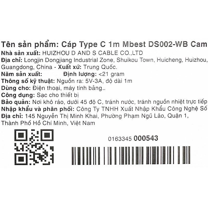 Cáp Type C 1m Mbest DS002-WB Cam