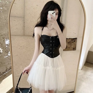 (HÀNG CÓ SẴN) Áo yếm da PU buộc dây đan chéo