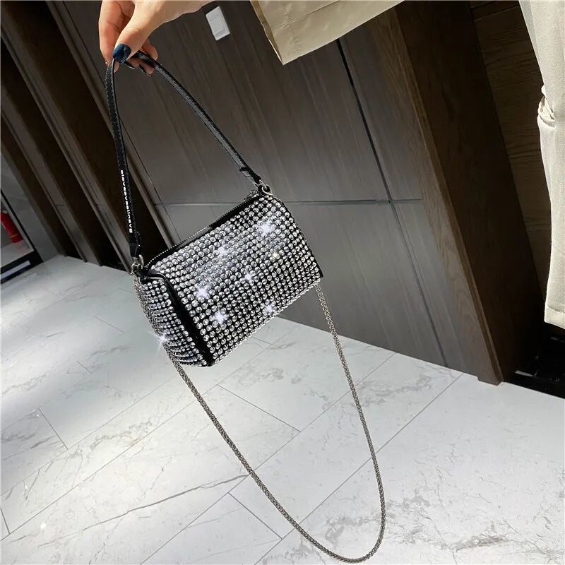 Túi Xách Đeo Dưới Cánh Tay Hình Vuông Cỡ Nhỏ Đính Đá Phối Dây Đeo Sợi Xích Kiểu Hàn Quốc Thời Trang Cho Nữ
