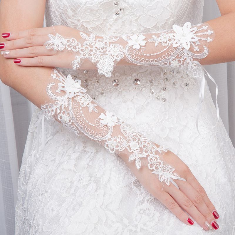 LY Women Wedding Fingerless Gloves Lace Faux Pearl Floral Applique Bowknot Mittens