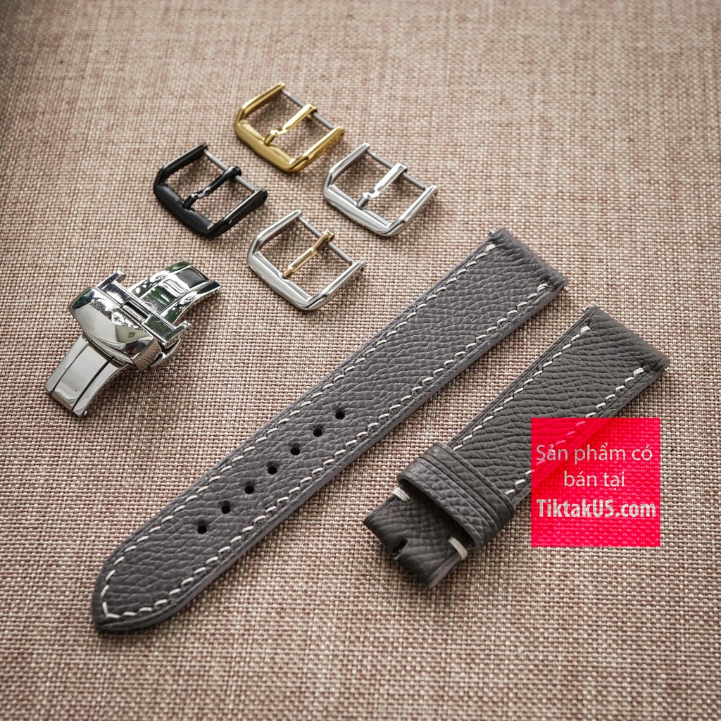 Dây đồng hồ da bò epsom Pháp chỉ viền trắng kèm khóa đủ size 18mm - 20mm - 22mm
