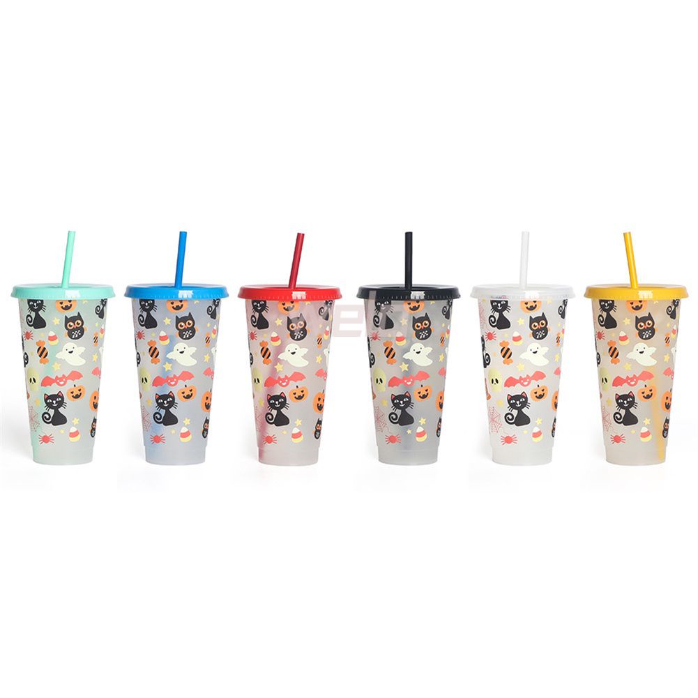 Cốc nước lạnh 710ml bằng PP nhạy nhiệt thay đổi màu sắc họa tiết Halloween có ống hút