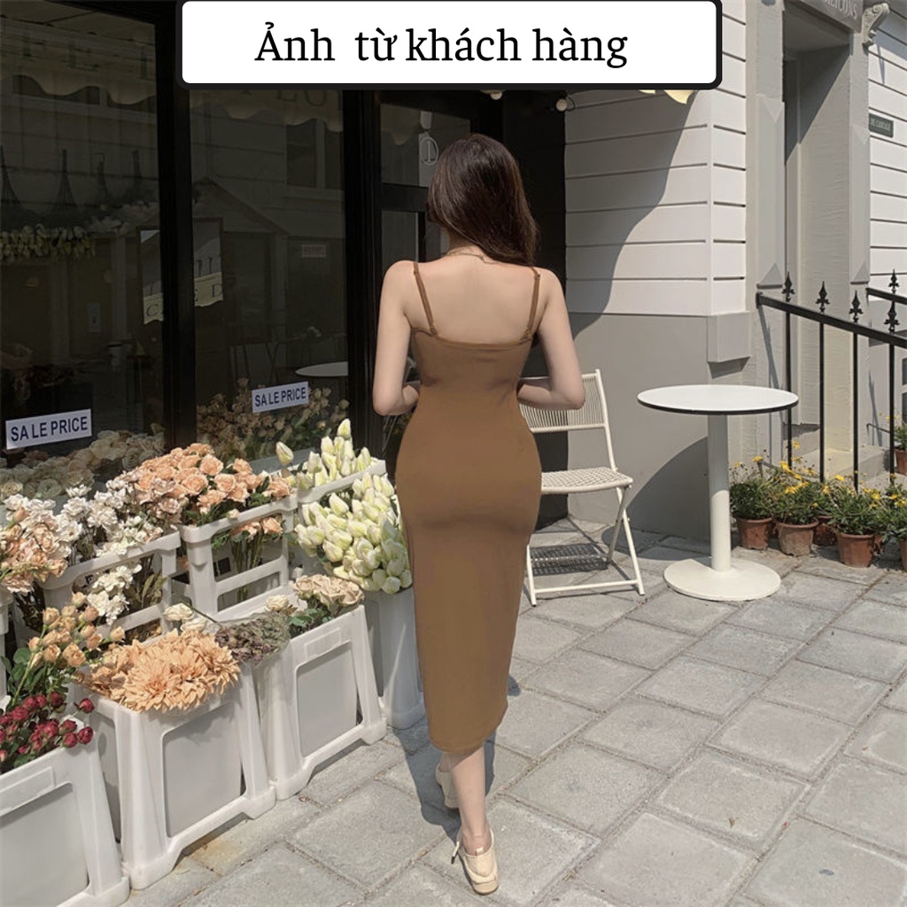 Váy Hai Dây Màu Đen Màu Nâu Ôm Dáng Xẻ Tà Thời Trang Xuân Hè Cho Nữ