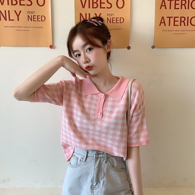 Áo Thun Nữ Sọc Caro Tay Ngắn Cute