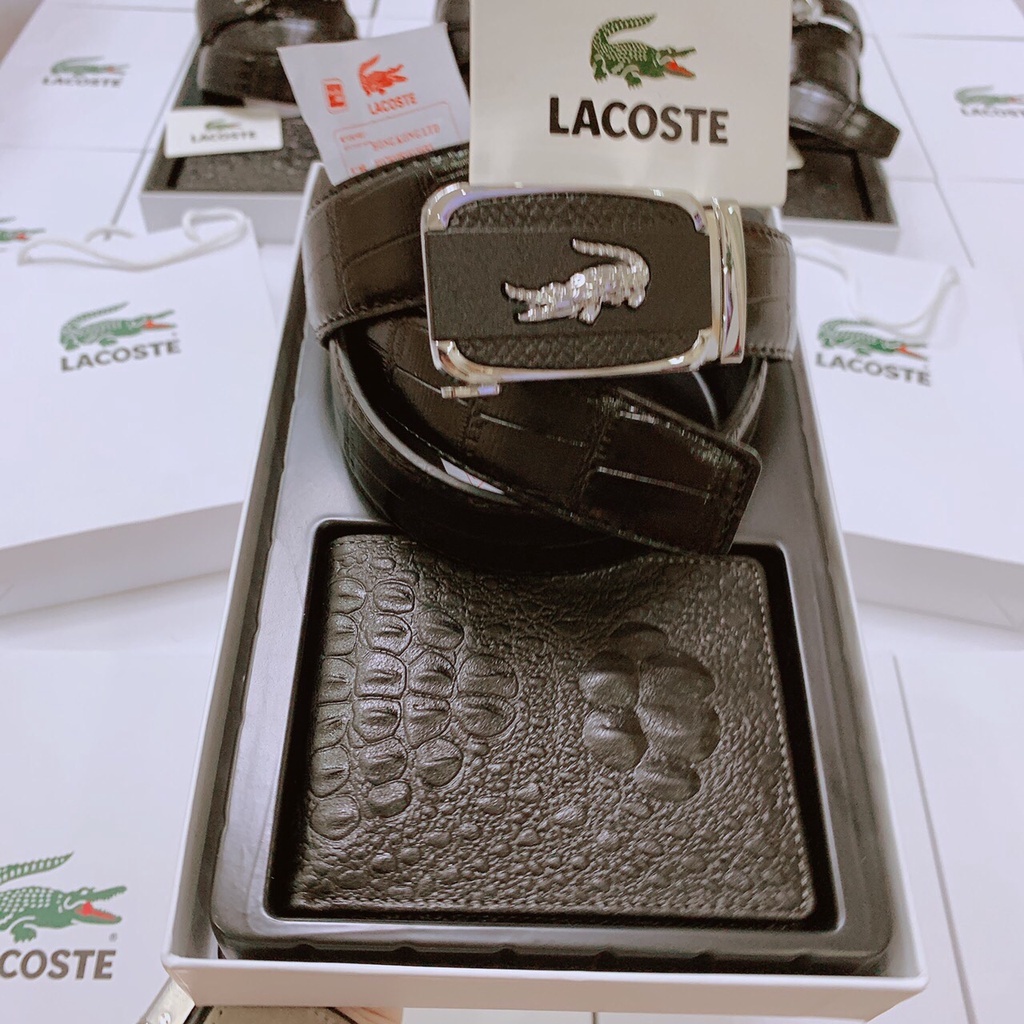Set ví thắt lưng nam fullbox Lacoste, Combo Ví Thắt Lưng Da PU dập vân cá sấu full hộp thích hợp làm quà tặng sinh nhật