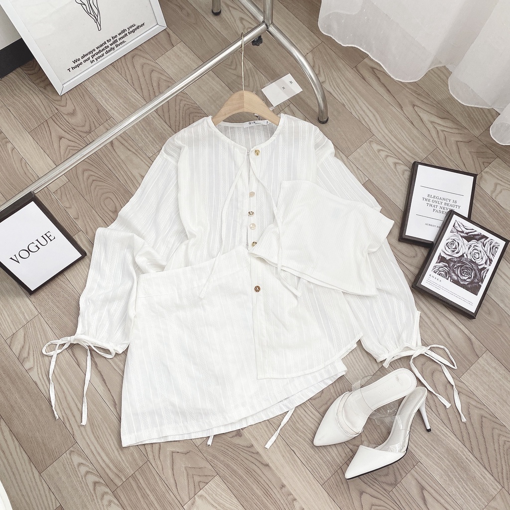 SET VÁY THÔ ĐŨI 3 MÓN yena.closet - Set đũi xước trắng sơ mi thắt eo kèm áo quây mix chân váy chữ A ulzzang