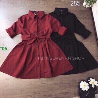 Đầm sơ mi kate xoè cột eo