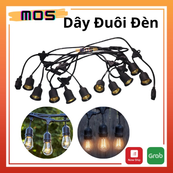 Dây đèn kín nước thả ngoài trời 7,5 mét 15 đui đèn E27 - không bóng + 1 dây nguồn 1,8m chịu tải 2500W, Bộ đui chống nước