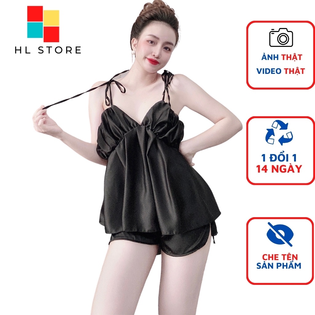 Đồ ngủ sexy đồ ngủ 2 dây xếp ly ngực cột nơ lưng Hải Lan Store, chất liệu lụa satin, freesize 40-65kg tùy chiều cao