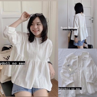 Áo babydoll trắng tiểu thư buộc nơ sau dễ phối đồ