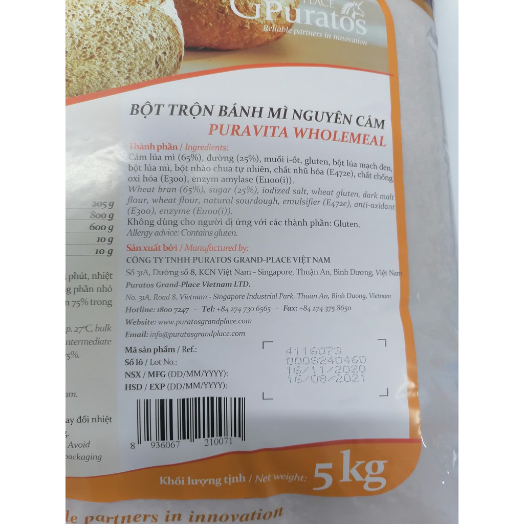 Bột mì nguyên cám PURATOS Puravita Wholemeal 5 kg