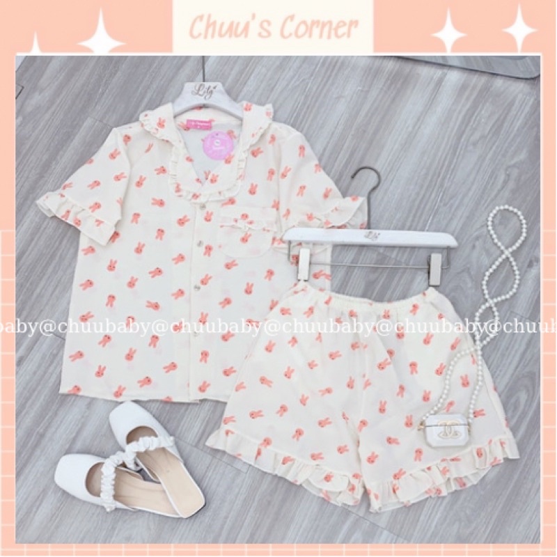 Đồ ngủ nữ, đồ bộ mặc nhà, pijama tay cộc quần đùi vải đũi xốp hoạ tiết dễ thương