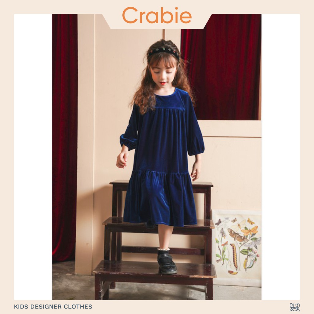 Đầm nhung tay lỡ thiết kế babydoll cho bé gái - Tiffany Dress - Xanh Sapphire