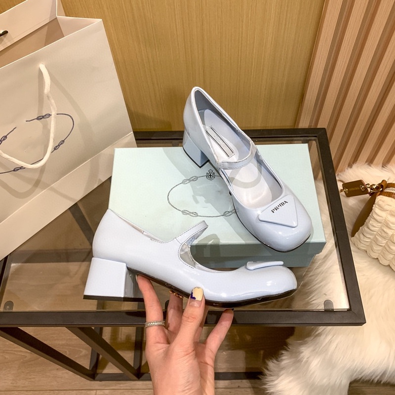 Giày cao gót da bóng quai ngang gót trụ 7cm Praada sang trọng 2 màu mới nhất 2022