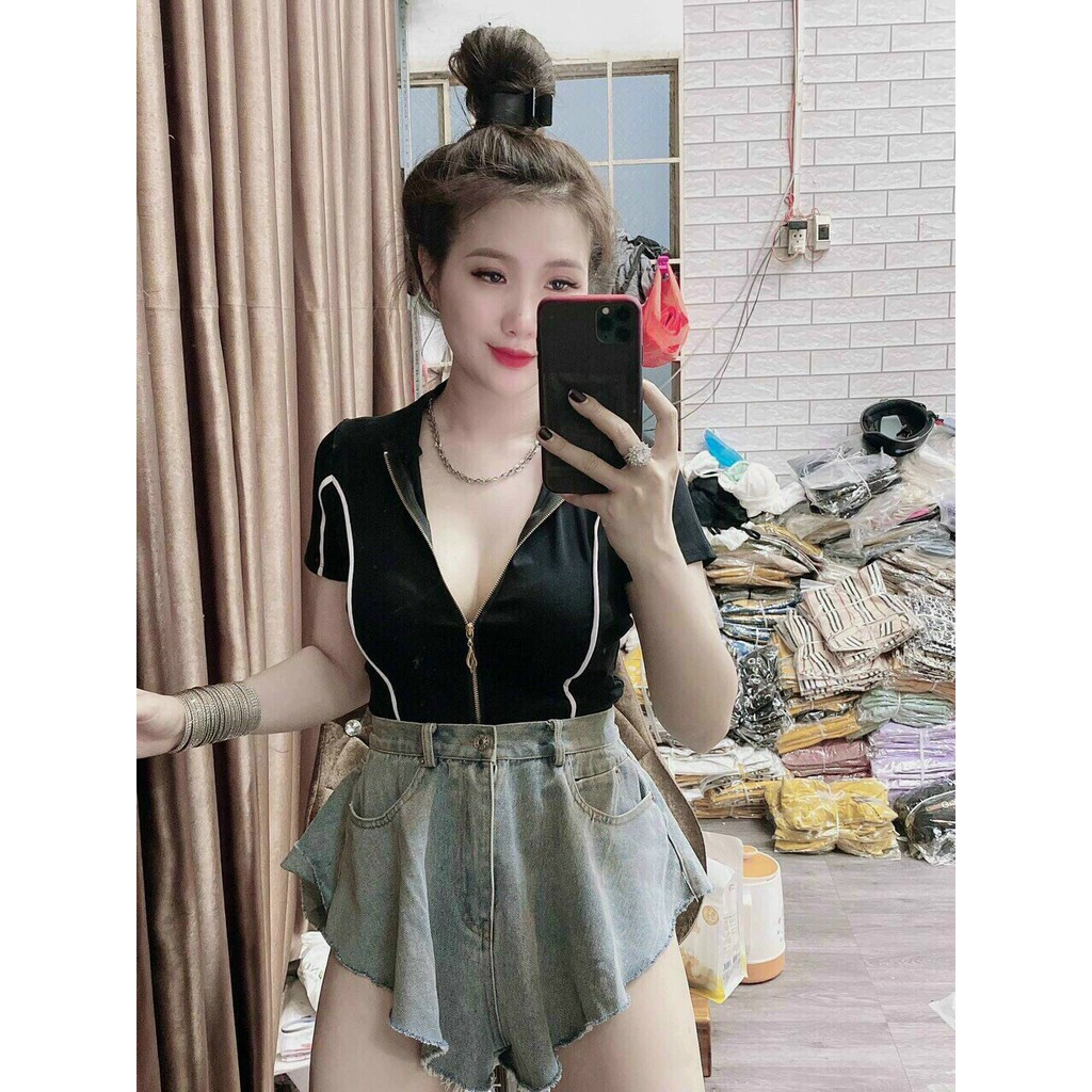 áo thun ôm body kiểu sọc viền có dây kéo xinh ảnh thật thun thái mềm