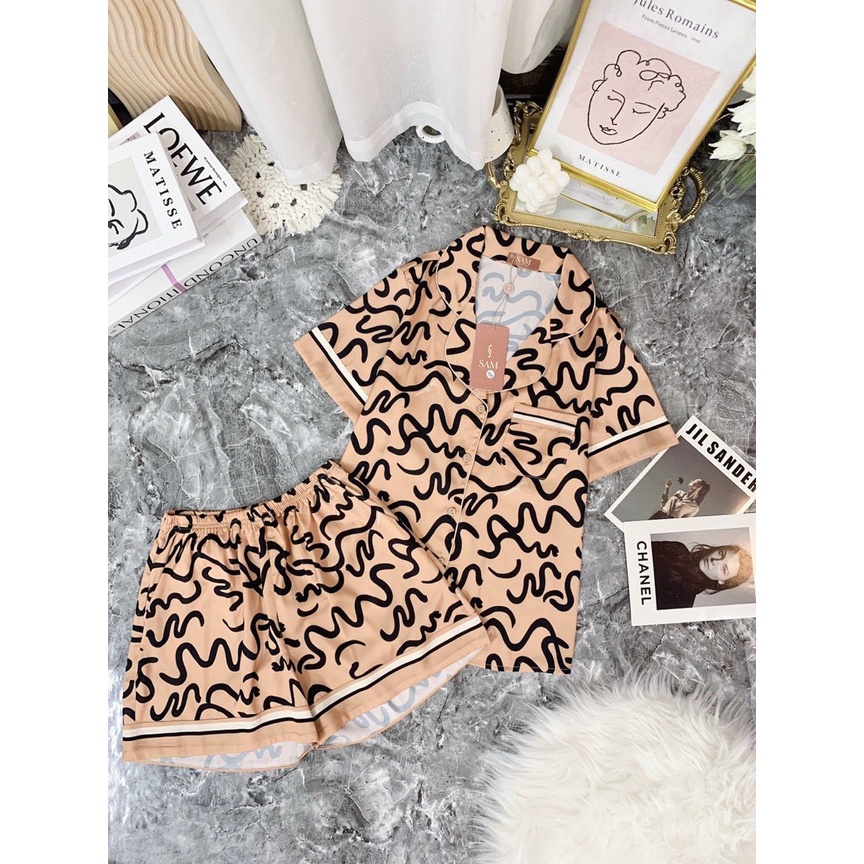 Bộ đồ mặc nhà Pijama SAM, set đồ ngủ nữ chất lụa mềm mịn thoáng mát họa tiết sóng độc đáo trẻ trung dáng đùi thoáng mát