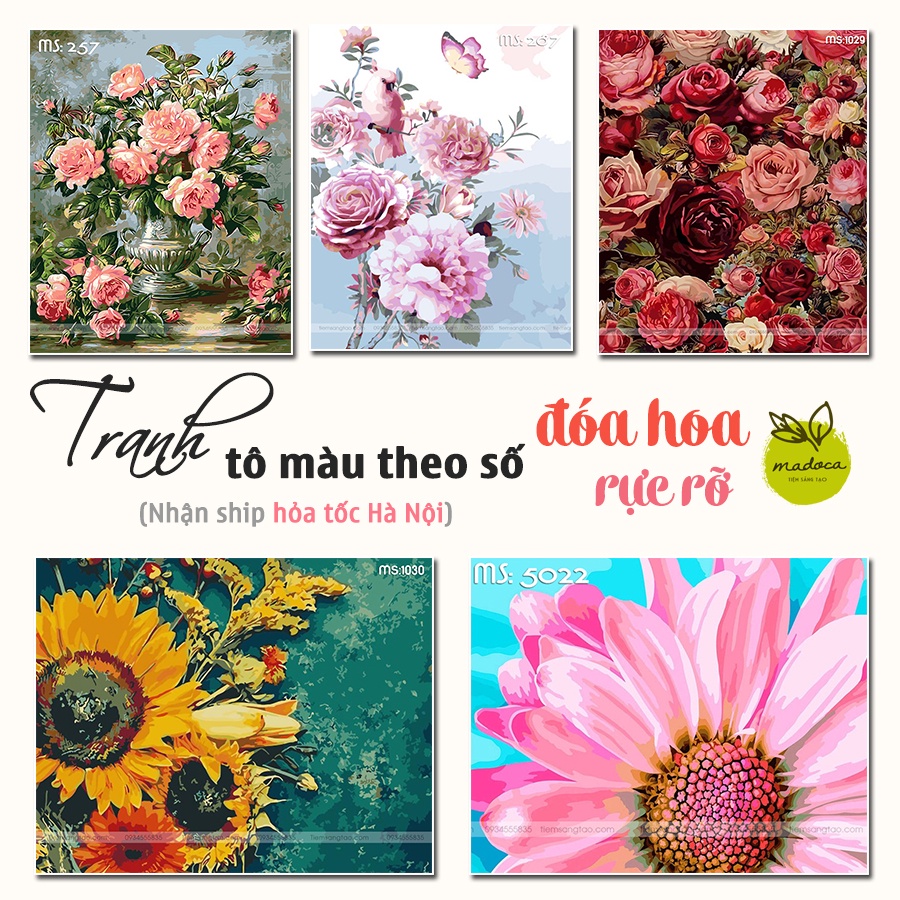 Tranh sơn dầu số hóa tự tô Madoca Đóa Hoa Rực Rỡ (Có khung kích thước 40x50cm)
