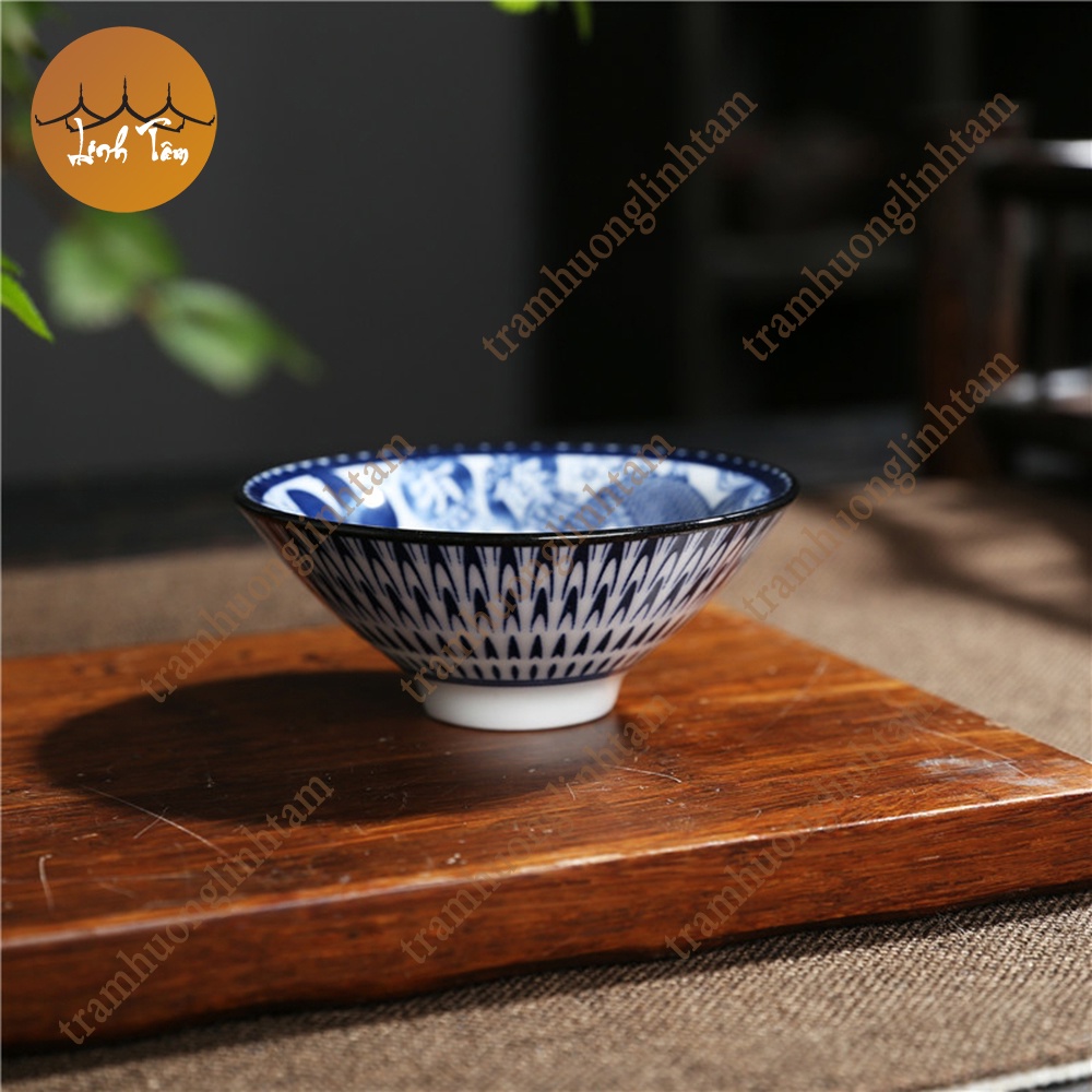 Chén trà thanh hoa lam cổ, chén nón họa tiết thủ công phụ kiện bàn trà