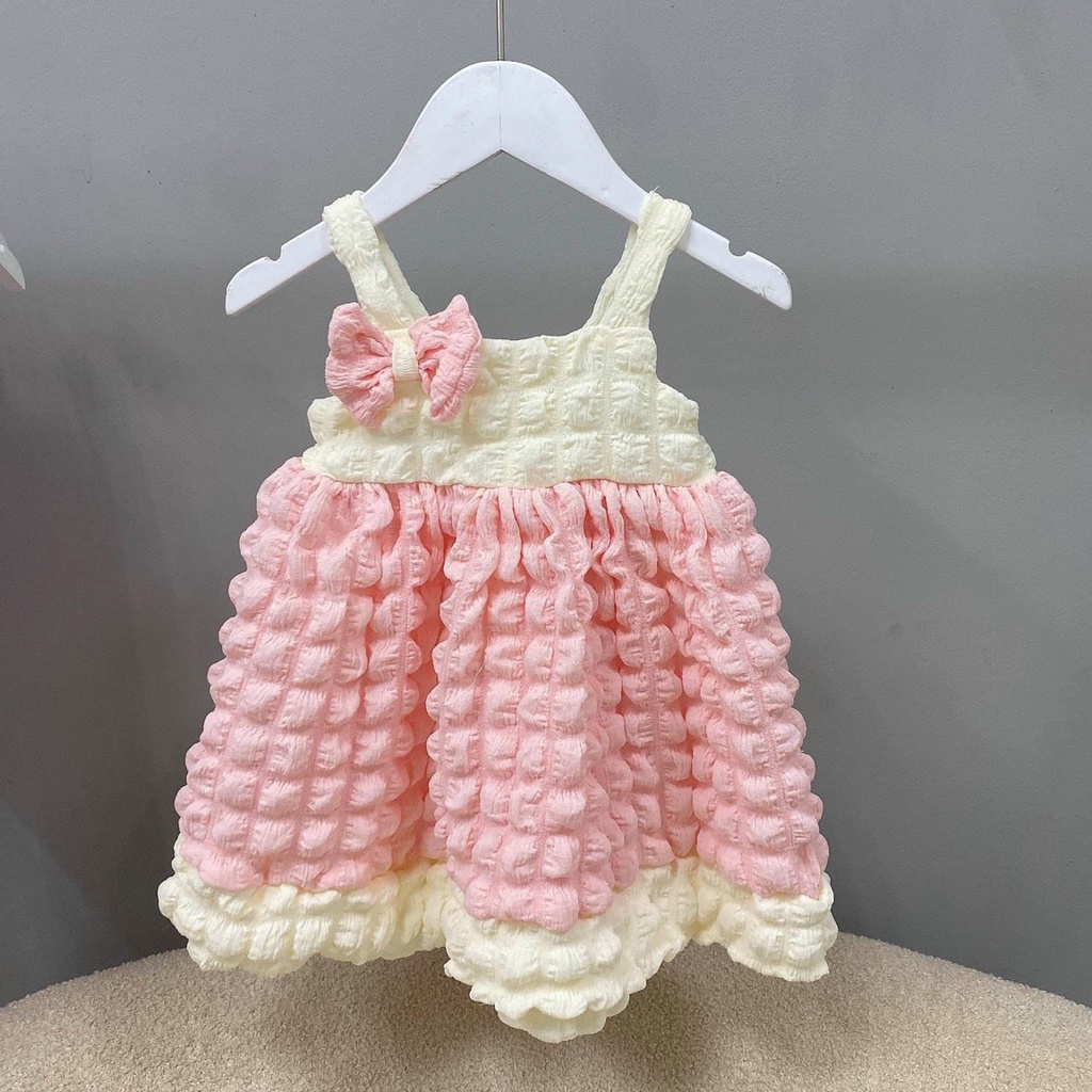 Váy cho bé gái xốp hồng 2 dây đính nơ 8-22kg