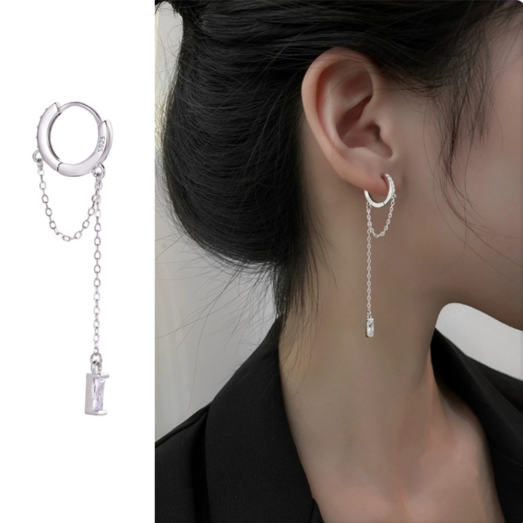 Bông tai đính đá phối tua rua dài đơn giản C173