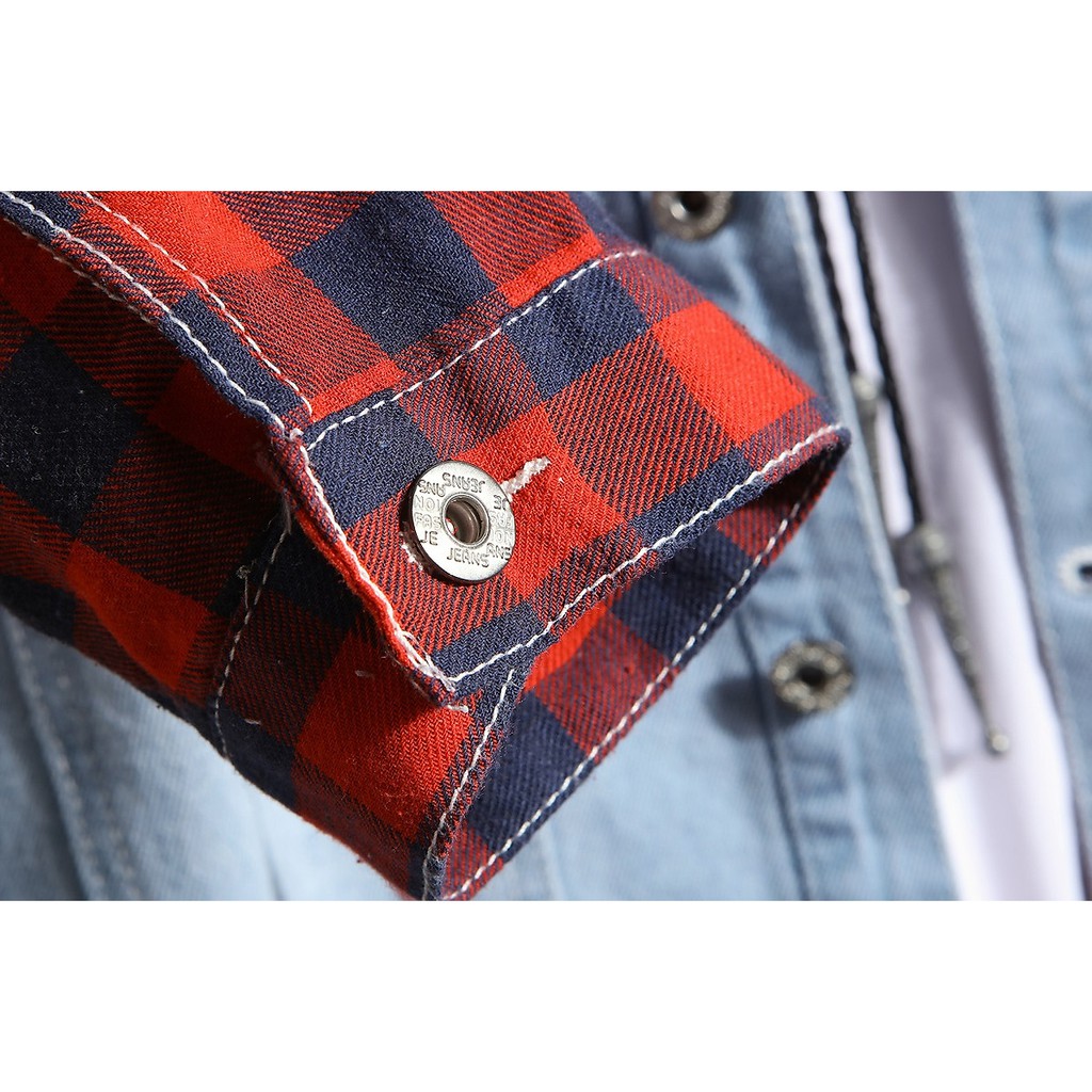 Áo khoác jean nam thiết kế phối caro đỏ, áo nam thiết kế trẻ trung năng động cá tính | BigBuy360 - bigbuy360.vn