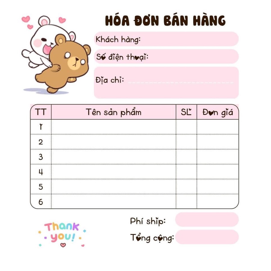 [10 CUỐN TẶNG 1 CUỐN] 10 cuốn HOÁ ĐƠN BÁN HÀNG GẦU MINI DỄ THƯƠNG