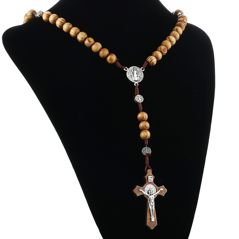 Religious Catholic Jesus Cross Pendant Wooden Beaded Chains Rosary Necklaces