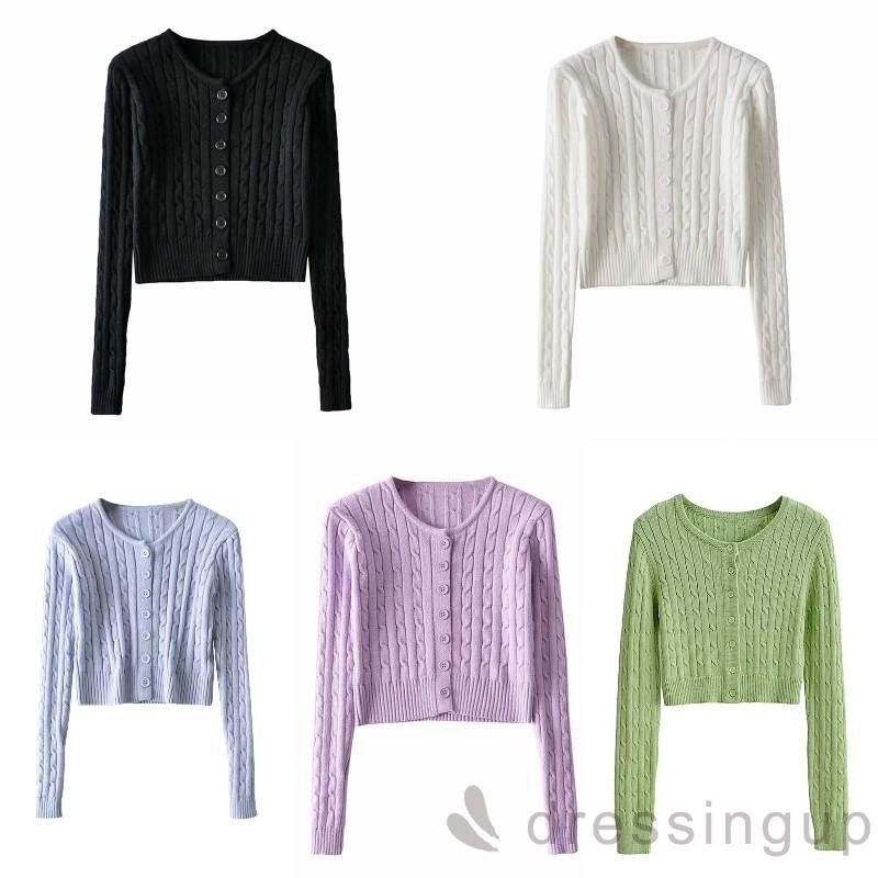 Áo cardigan dệt kim tay dài màu trơn cổ tròn thời trang cho nữ