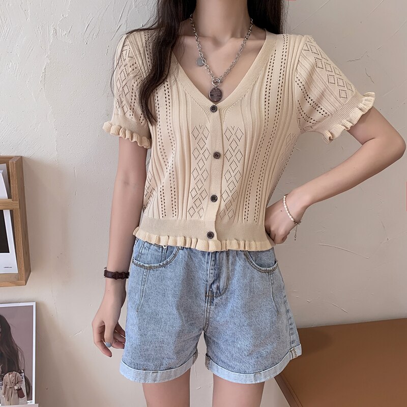 Áo Dệt Kim Tay Ngắn Phối Bèo Thiết Kế Thanh Lịch