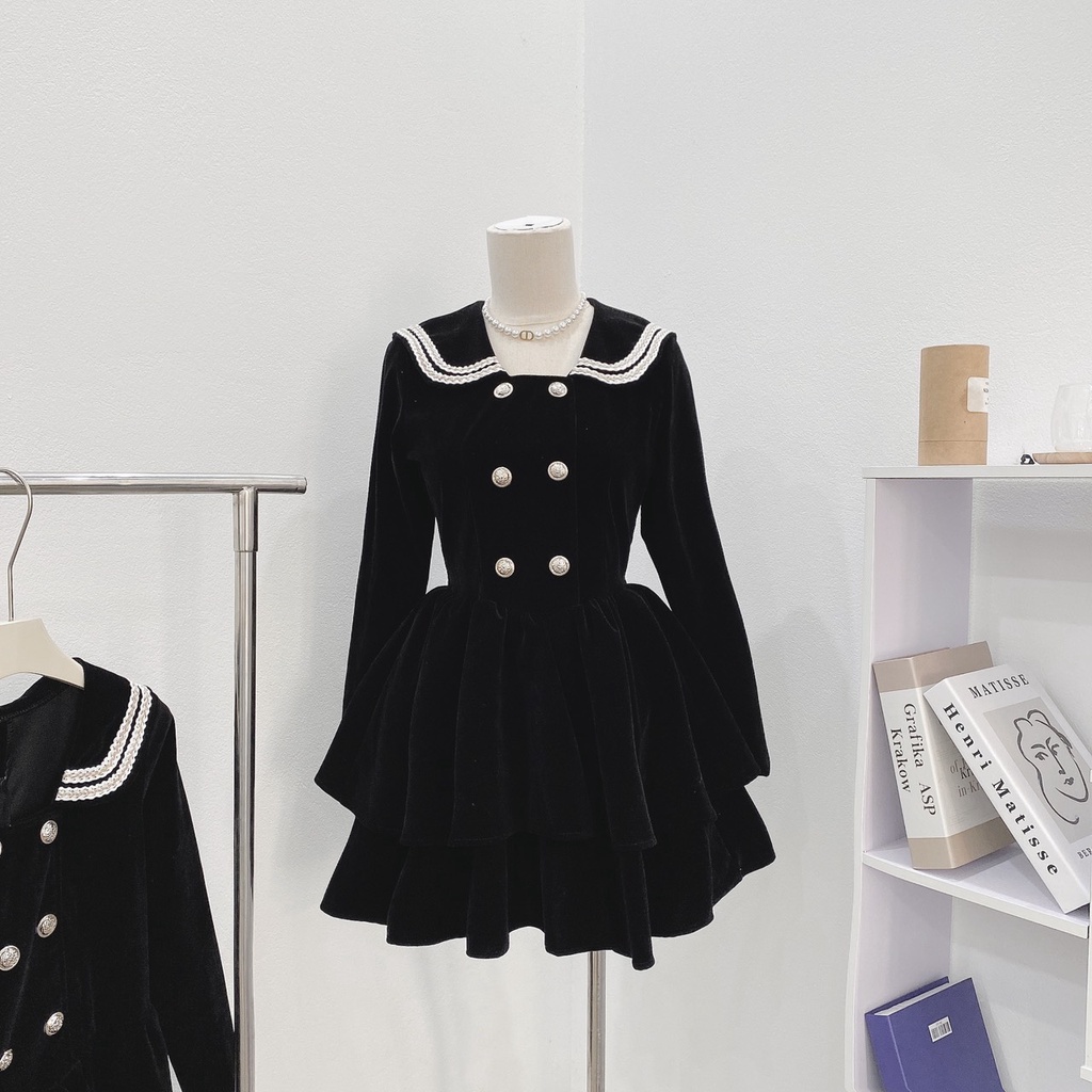 [Hàng Shop]: Váy Nhung 2 Tầng Dáng Xoè Cổ Bẻ Khuy Đồng Tay Dài