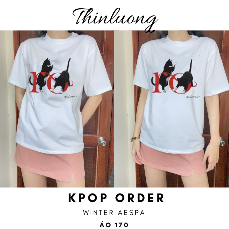 (Sẵn) Áo thun Aespa Winter màu trắng cotton cổ tròn hình mèo ro thời trang trẻ đáng yêu