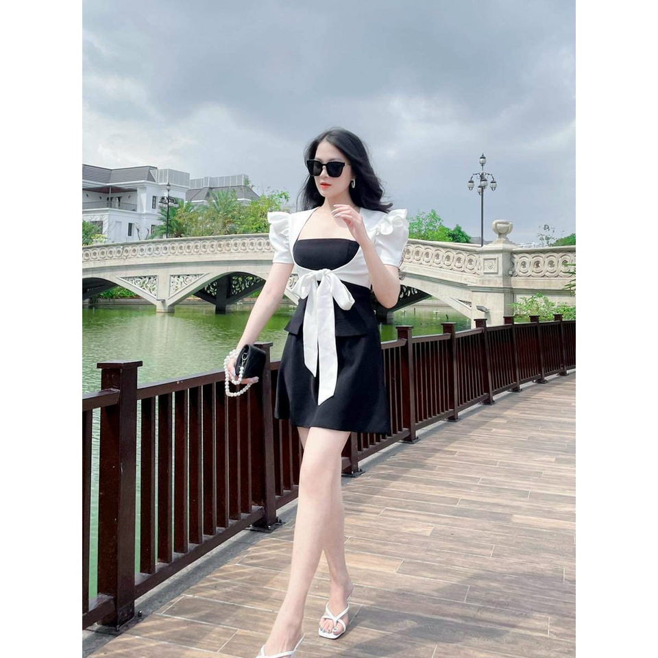 Set Váy Hai Dây Xòe Và Áo Khoác Ngoài Buộc Nơ Rose Fashion