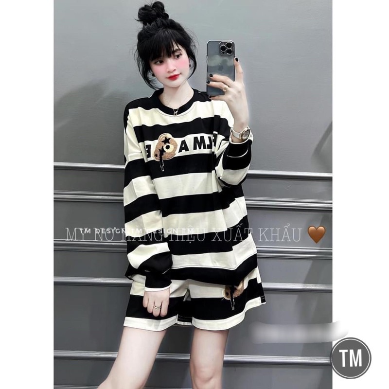 Set Bộ Da Cá Kẻ Sọc Đen Trắng Bản To Dài Tay